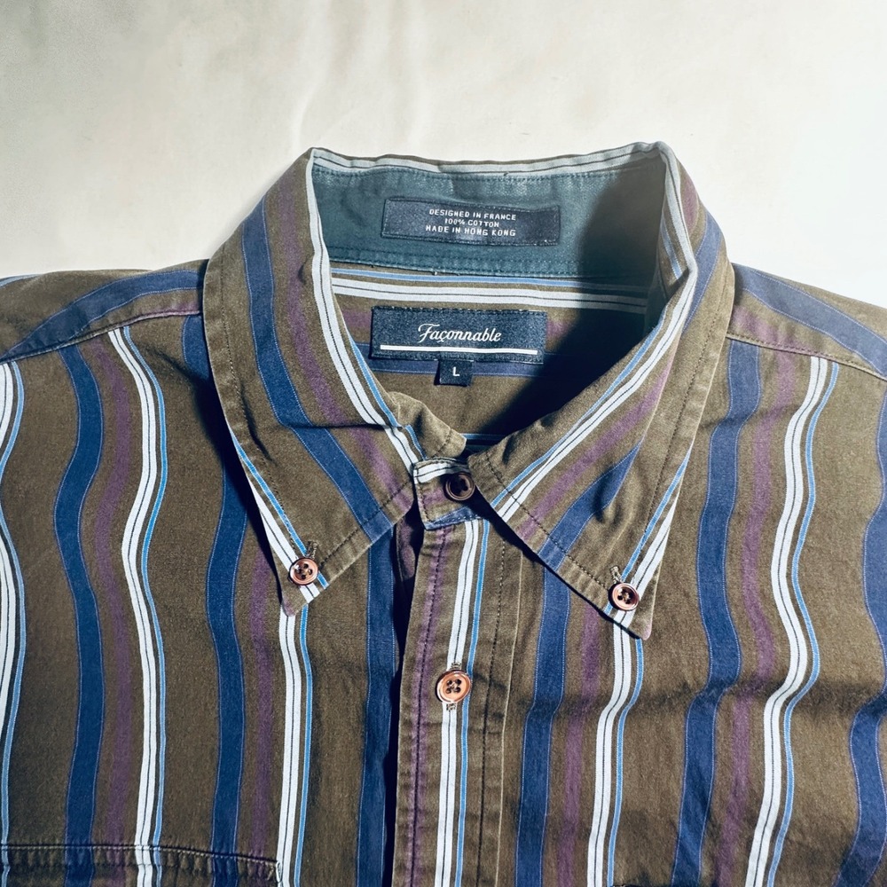 Faconnable Men's Brown Striped Button Down Long Sleeve Shirt Size L Casual - Picture 4 of 8